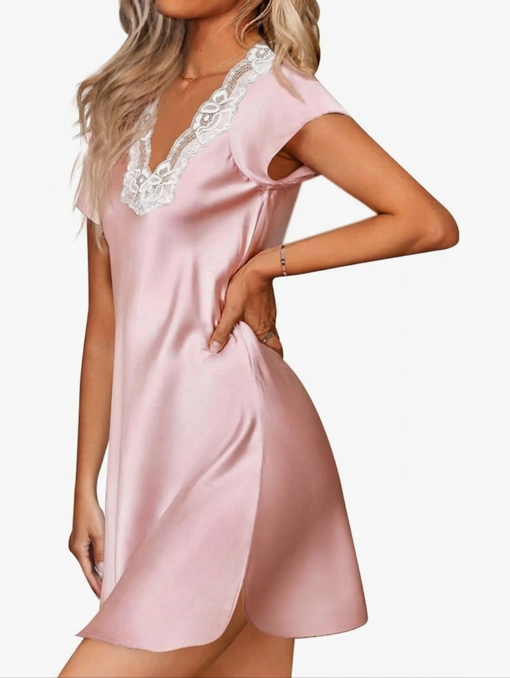 Satin Nightgowns Lace Side Slit Short Sleeve Nightshirt